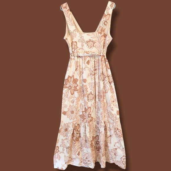 MNG Mango Orange Cream Cotton Sleeveless V-Neck Belted Flowy Martina Maxi Dress - Picture 3 of 11